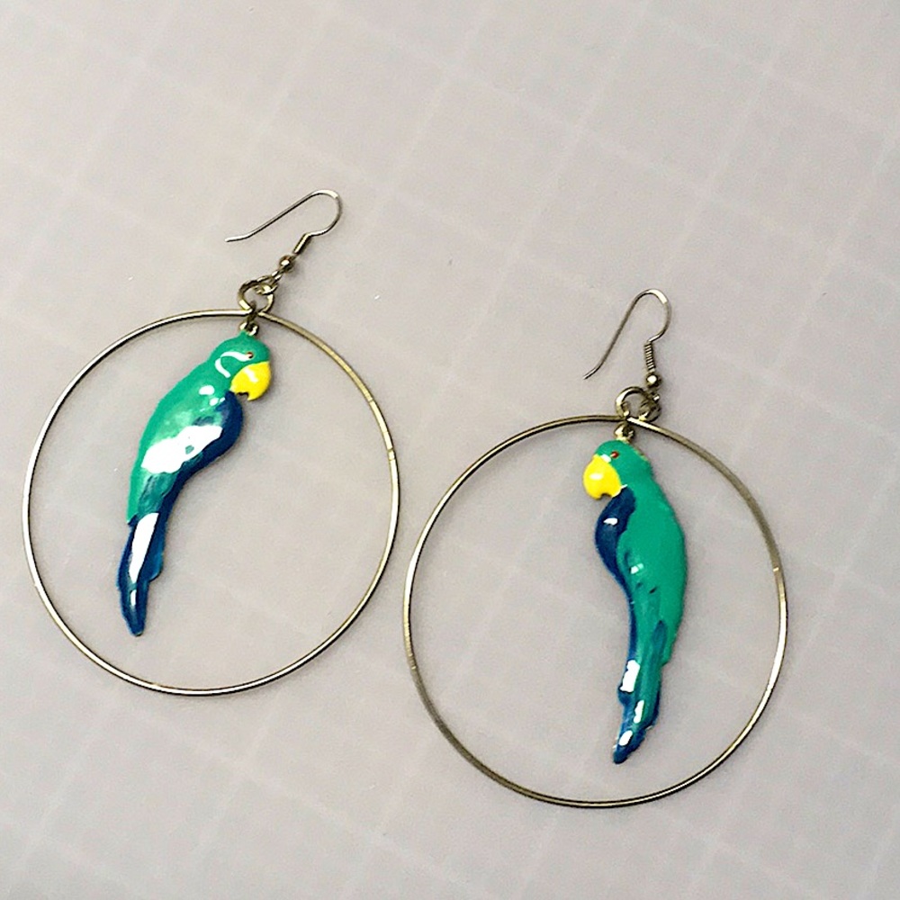 Vintage Enameled Parrot in a Hoop Earrings